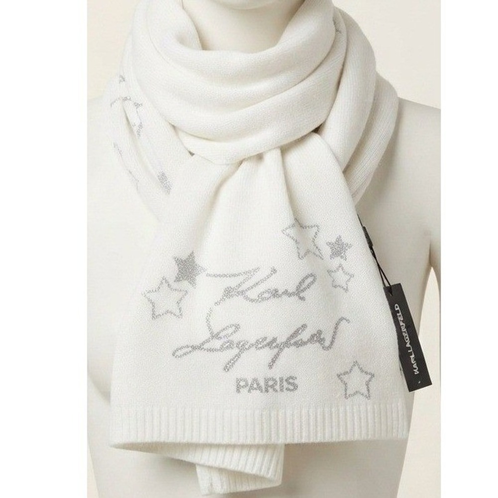 Karl Lagerfeld Paris White McBling Rhinestone Star Logo Knit Scarf NWT